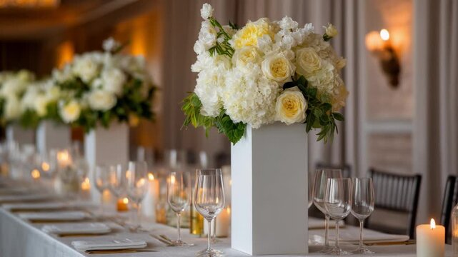 Elegant floral arrangements with white roses and hydrangeas for upscale dining events