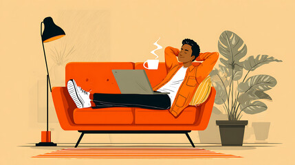 Fototapeta premium young freelancer sitting on an orange sofa at home enjoying a relaxed break with laptop and coffee reflecting remote work lifestyle casual comfort and productive leisure