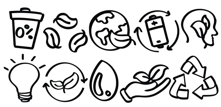 Set of hand drawn Zero Waste theme. Collection of Trash Can, Leaves, Earth, Recycle Battery, Human Head, Light Bulb, Plant, Water Drop, Hand, Recycling Symbol Isolated Vector