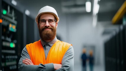 Professional male engineer in safety gear inspecting technology facility with data servers