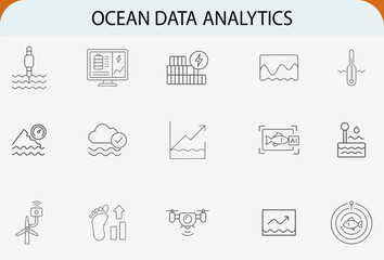 Ocean data analytics line icons, marine ecology research statistics concept