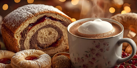 Steaming hot beverage mug, delightful cappuccino with foam, next to sweet bread. Comforting pastry, dusted with powdered sugar, evokes cozy warm festive holiday feeling, perfect for indulgent