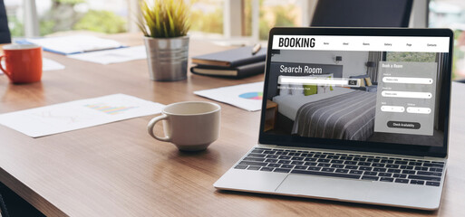 Online hotel accommodation booking website provide modish reservation system . Travel technology concept .