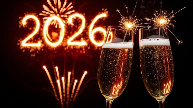 Celebratory image with two champagne flutes sparklers and fireworks for the year twenty twenty six