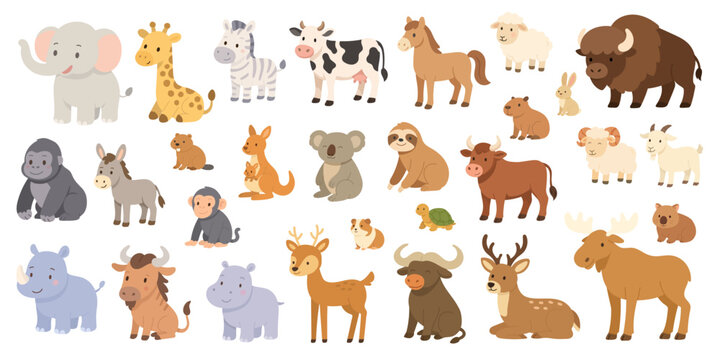 Cute herbivore animal set with elephants, giraffes, zebras and deer, herbivore animal set illustration perfect for kids learning, posters, stickers, toys and educational nature-themed designs.