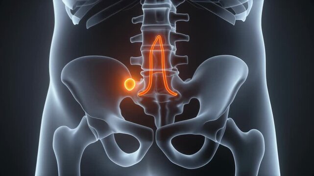 Close up medical x-ray view of human pelvis and lumbar spine showing highlighted inflamed sacroiliac joint area inflammation symptom