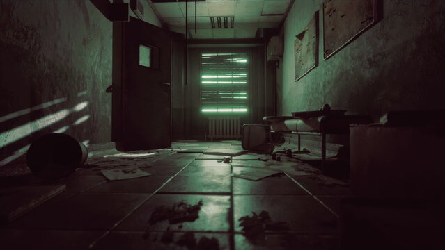 Dust particles dance in the air as faint light streams through broken blinds. The floor is littered with papers, and the atmosphere feels heavy with silence and mystery.