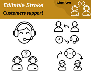 A simple vector icon featuring a user silhouette wearing a headset with a microphone communication and assistance. The clean outline represents help service, guidance, and customer support.