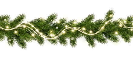 Obraz premium Christmas garland with glowing string lights, festive evergreen fir branches for holiday decoration, isolated on white background