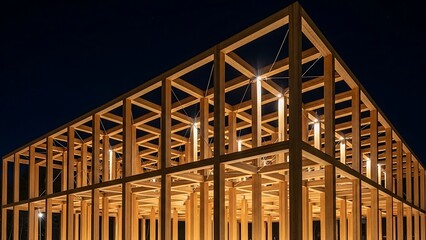 Modern Wooden Building Frame Illuminated at Night.