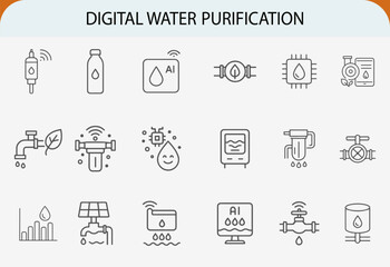 Digital water purification management line icon set vector illustration