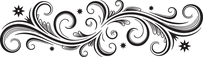 Ornamental Flourish Swirl Divider with Star Accents Vector Decorative Element for Invitations Cards and Decorative Artwork with Vintage Style
