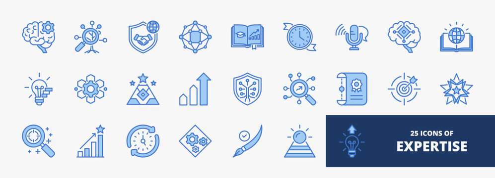 set of A collection of expertise icons suitable for web and mobile application. Set of outline blue style icons with cognition, innovation, analysis, negotation, and more icons.