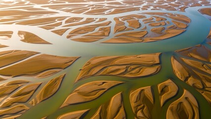Aerial view of a river delta with winding waterways and sandbars in warm natural light