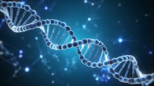 A detailed rendering of a DNA double helix against a blue and dark blue background video 