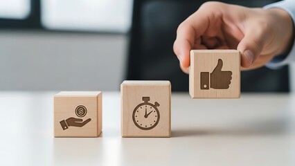 Wooden blocks showing money time and approval representing business success factors