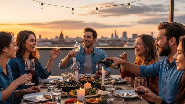 Group of Happy Friends Toasting and Dining on a Rooftop Terrace During a Spectacular City Sunset