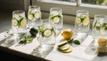 Refreshing Cucumber Lemon Infused Water in Mason Jars by the Window.