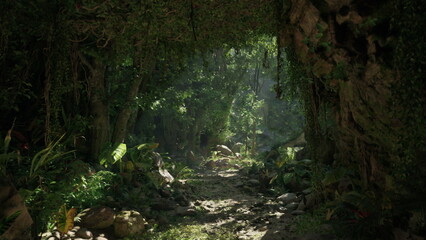 A serene jungle pathway unfolds, bathed in soft sunlight. Lush greenery surrounds the trail, creating a tranquil atmosphere perfect for exploration. Nature is alive with vibrant flora.