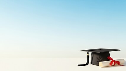 Black academic mortarboard with gold tassel and red-ribboned diploma placed on white surface under clear blue sky. Minimalist symbol of graduation success.