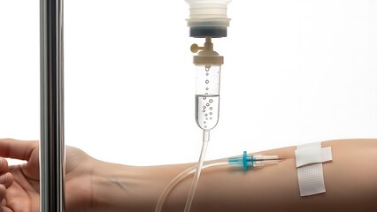 Close-up of a patient receiving intravenous fluid therapy in a hospital, with the IV drip and catheter visible in their arm, representing medical treatment and healthcare