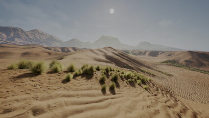 A serene scene unfolds in a vast desert, where gentle dunes roll gently across the sandy expanse. The sun hangs high in the sky, casting warm light on scattered tufts of grass and distant mountains.