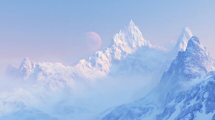 Obraz premium Towering snowcapped mountain peaks rise above a misty, ethereal landscape under a pale sky featuring a celestial body
