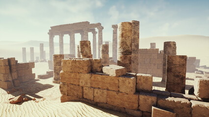Fototapeta premium Stone columns emerge from the sandy ground, revealing an ancient civilization. Bright sunlight illuminates the ruins, creating a mystic atmosphere in the vast desert.