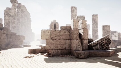 Fototapeta premium Sunlight shines on the remnants of an ancient civilization in a sandy desert. Crumbling stone structures and columns hint at a rich history waiting to be explored by curious adventurers.
