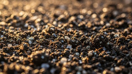 Closeup of rich dark soil with small stones and fine rootlets illuminated by a warm golden light creating a bokeh effect in the background