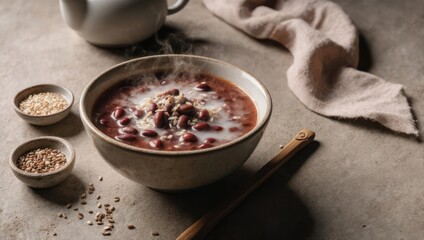 Hearty Bowl of Red Bean Soup with Grains and Teapot.
