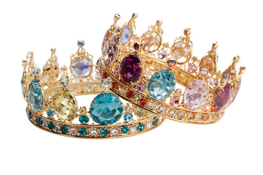 Ornate golden crown with colorful gemstones isolated on transparent background