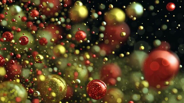 A bunch of gold and red balls are floating in the air. The gold balls are scattered throughout the scene. Micro specular reflective christmas particles red green gold cinematic