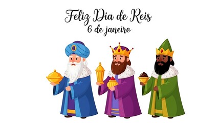Three wise men illustration for feliz dia de reis, january 6th epiphany celebration.