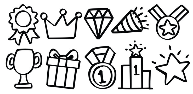 Set of hand drawn reward theme. Collection of Medal, Ribbon, Trophy, Crown, Diamond, Confetti, Gift Box, Podium, Star Isolated Vector
