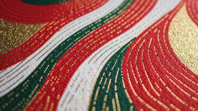 A gold and green ribbon with red stripes. The ribbon is shiny and has a gold and green color. Micro texture detail holiday cardstock red green white gold product shot background