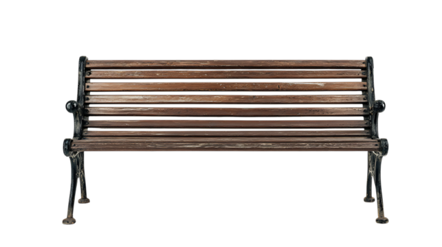 Old wooden park bench with dark metal frame isolated on transparent background