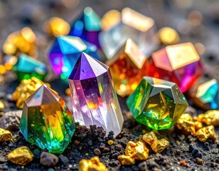 Sparkling colorful crystals and gold nuggets on dark soil