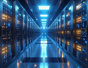 Data center aisle glows with servers in blue light
