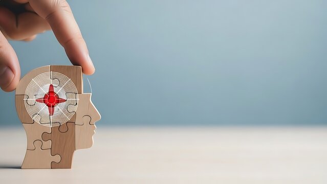 The concept of finding personal direction and mindset with a compass puzzle head