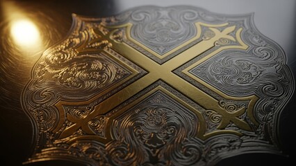 Intricate gold and silver emblem featuring a prominent cross pattern Detailed swirling patterns adorn its surface