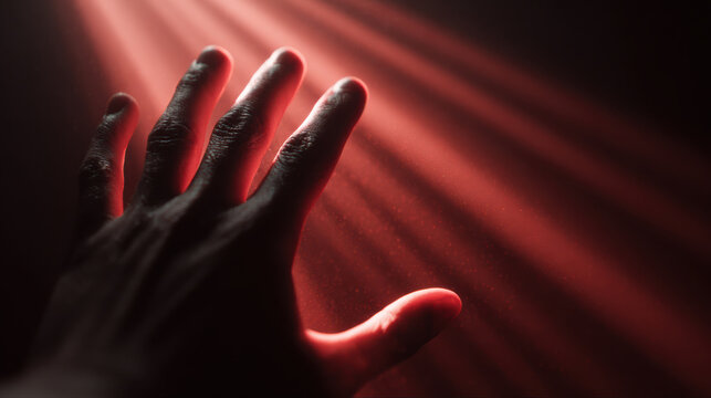 Biohacking longevity hand reaching toward red light with dust motes creating dramatic hopeful atmosphere - Powered by Adobe