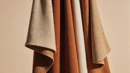 Close-up of draped fabric samples in warm earthy tones.
