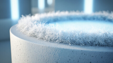 Frosted ring ice crystal cold surface blue lighting circular platform biohacking longevity