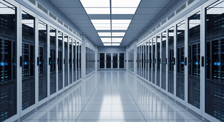 Modern Server Room with Rows of Glass Door Server Racks and Bright Lights data center