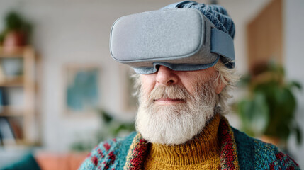 Elderly man wearing virtual reality headset exploring biohacking and longevity concepts immersed in cozy living room