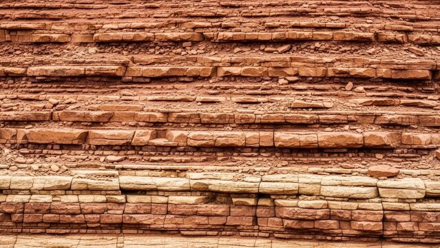 Layered sedimentary rock formation reveals textured strata of reds browns and tans