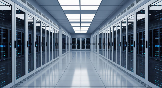 Modern Server Room with Rows of Glass Door Server Racks and Bright Lights data center