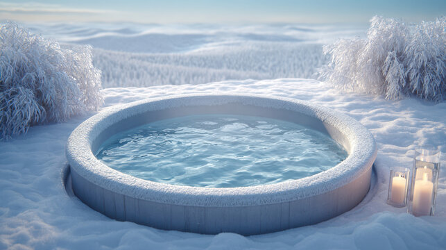 Soaking in snowy hot tub with steam and serene light biohacking and longevity mood