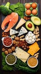Nutrient-Rich Foods - Salmon, Cheese, Nuts, Eggs, and Avocado on Dark Surface.